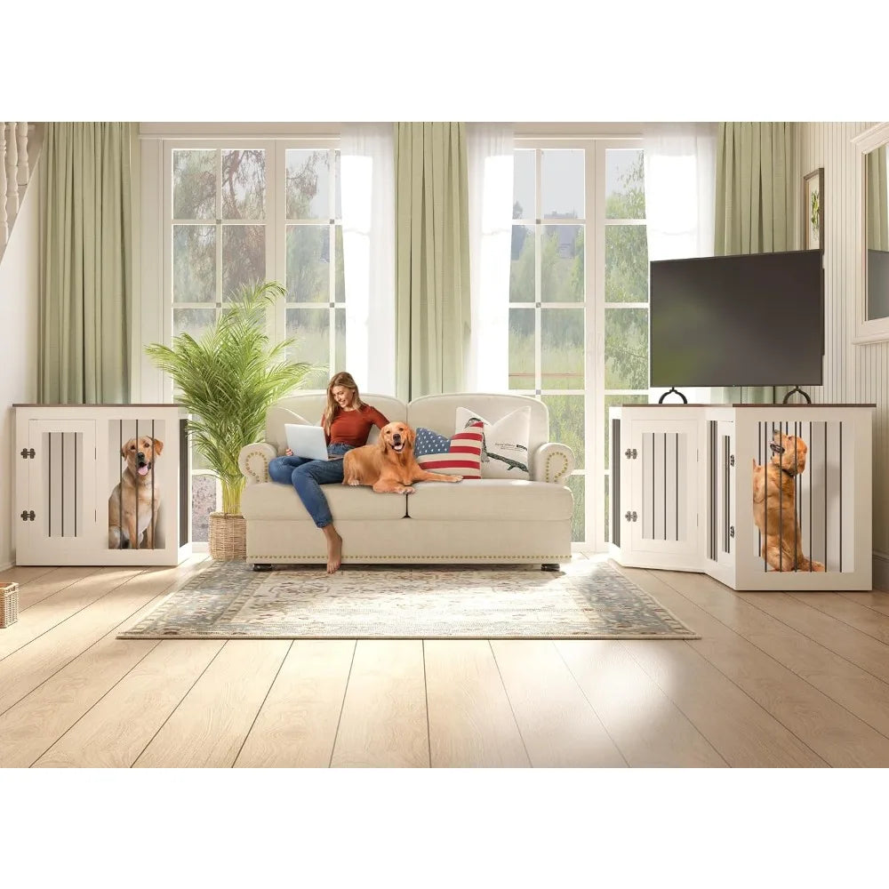 Large Dog Crate Furniture for 3 Dogs, 113'' Corner Dog Crate with Divider, 3 in 1 Heavy Duty Indoor Wooden Dog Kennel Furniture