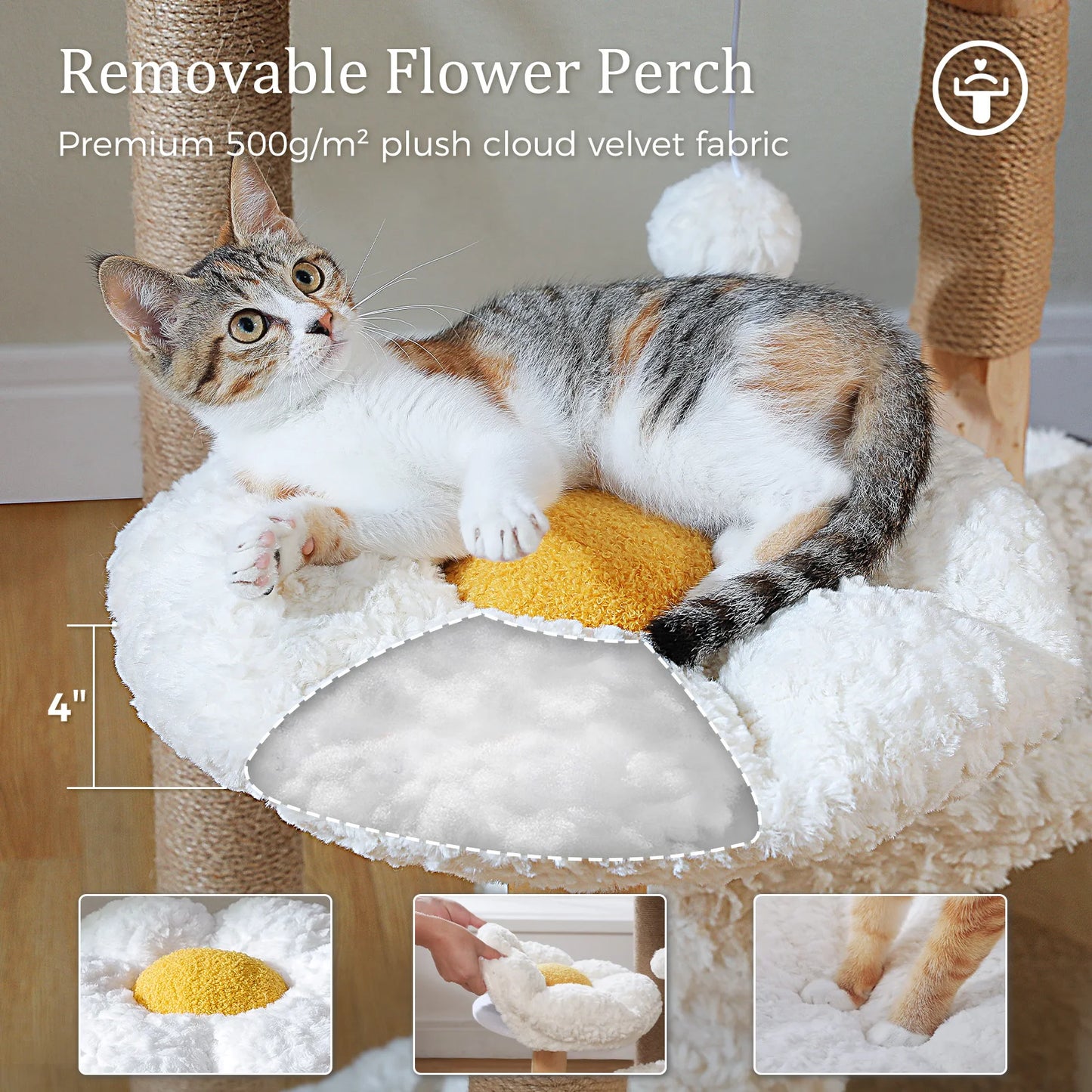 Solid Wood Cat Tree Modern Cat Tower with Spacious Cat Condo,Flower Perches,Fun Pompom,Double Comfort Perfect for Indoor Kittes