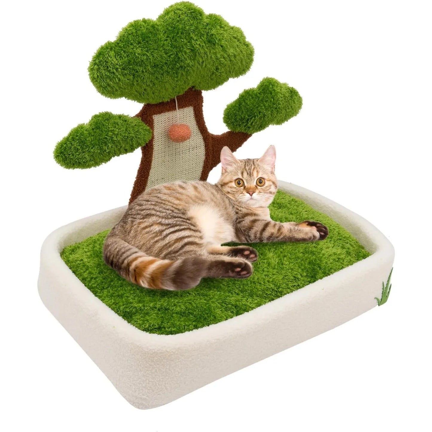 Luxury Cat House with Pine Tree Scratching Post, 24.8" Plush Velvet Bed & Sisal Scratcher for Indoor Cats, Includes Dangling Toy