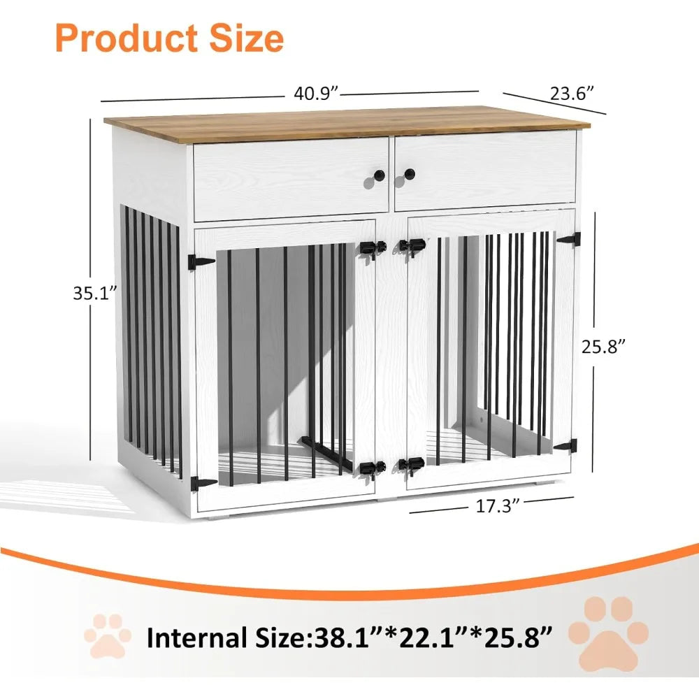 Dog Crate Furniture, 41 Inch Dog Kennel Indoor with Removable Divider & Double Doors, Wooden Dog Crates for 2 Dogs,