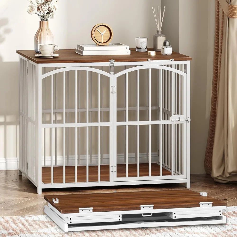 Foldable Wooden Dog Crate Furniture, 31.5 Indoor Kennel, Medium Size Dog Cage with Decorative Side Table