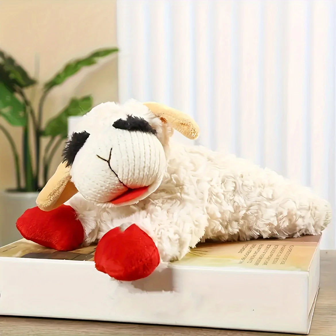 Adorable Lamb Shape Plush Toy with high pitched squeaker.
Cat or dog companion, plush doll pet toy, sounding band rattling lamb doll