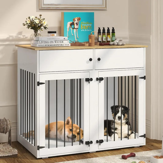 Dog Crate Furniture, 41 Inch Dog Kennel Indoor with Removable Divider & Double Doors, Wooden Dog Crates for 2 Dogs,