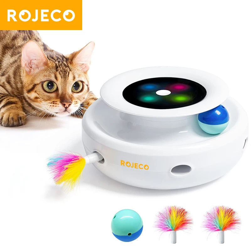 ROJECO 2 in 1 Smart Cat Toys.  Automatic Feather Fun Ball Toy Set For Cats.
5 Modes Electronic Interactive Pet Toy Accessories