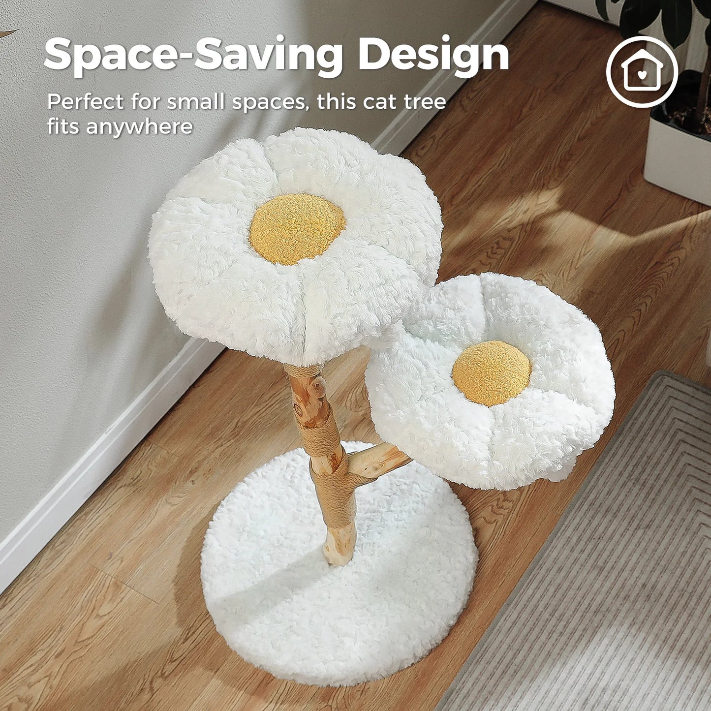 Solid Wood Cat Tree Modern Cat Tower with Spacious Cat Condo,Flower Perches,Fun Pompom,Double Comfort Perfect for Indoor Kittes