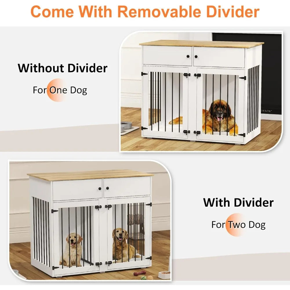 Dog Crate Furniture, 41 Inch Dog Kennel Indoor with Removable Divider & Double Doors, Wooden Dog Crates for 2 Dogs,