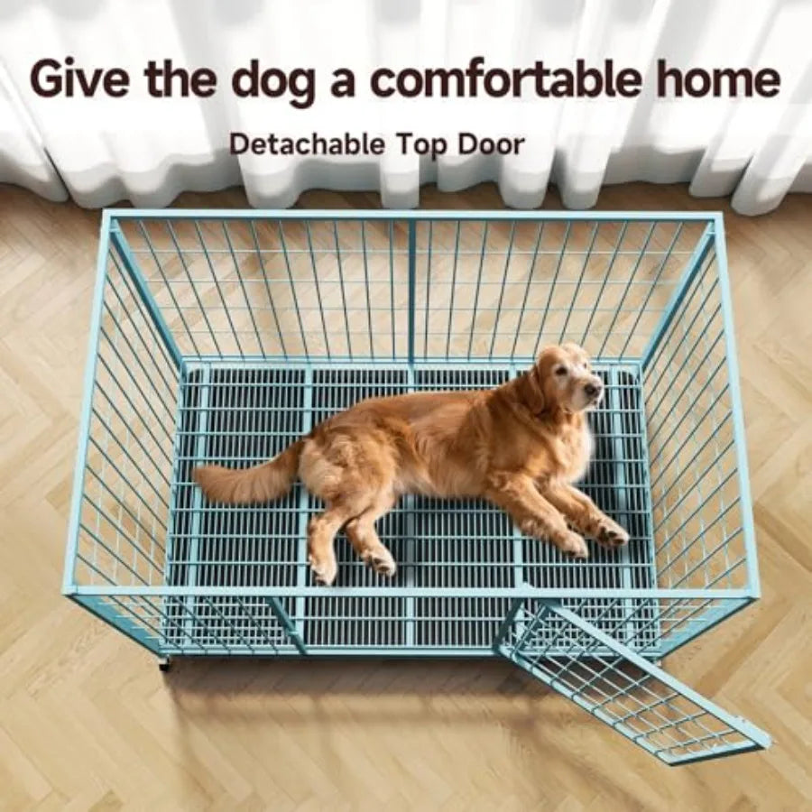 Blue 48 in Metal Wire Dog Crate with Tray and Double Door Design for Large Dogs Ideal Indoor Outdoor Use as Puppy Playpen Durab