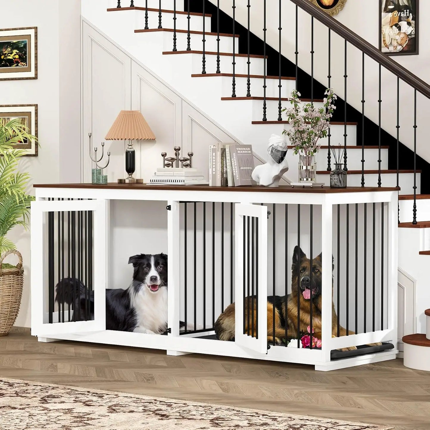 Large Double Dog Crate Furniture, Wooden Dog Kennel House with Divider & 2 Trays, for Large or 2 Medium Breeds Indoor
