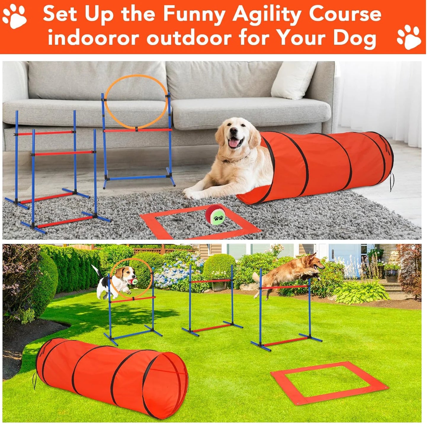 87 Pcs Dog Agile Training Equipment Set 
Obstacle Course Kit with 70" Tunnel, Tire Jump, Hurdle Jump, Weave Poles for Outdoor