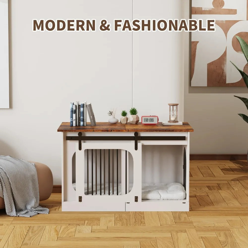 Farmhouse Style 39.4 Inch White Wooden Dog Crate with Cushion, Decorative Indoor Pet House