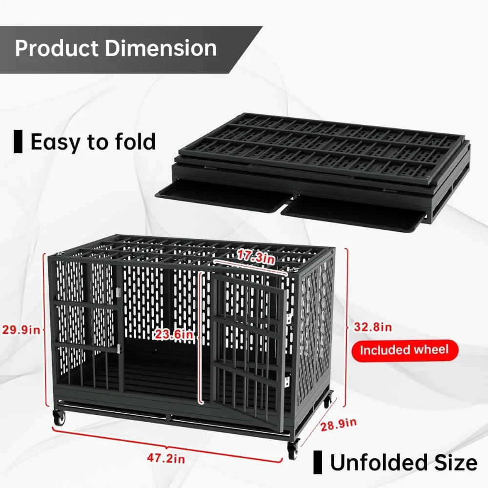 48/42/38 Inch Heavy Duty Dog Crate with Wheels, Folding Metal Big Dog Cage for Large and Medium Dogs,Indestructible Dog Crate