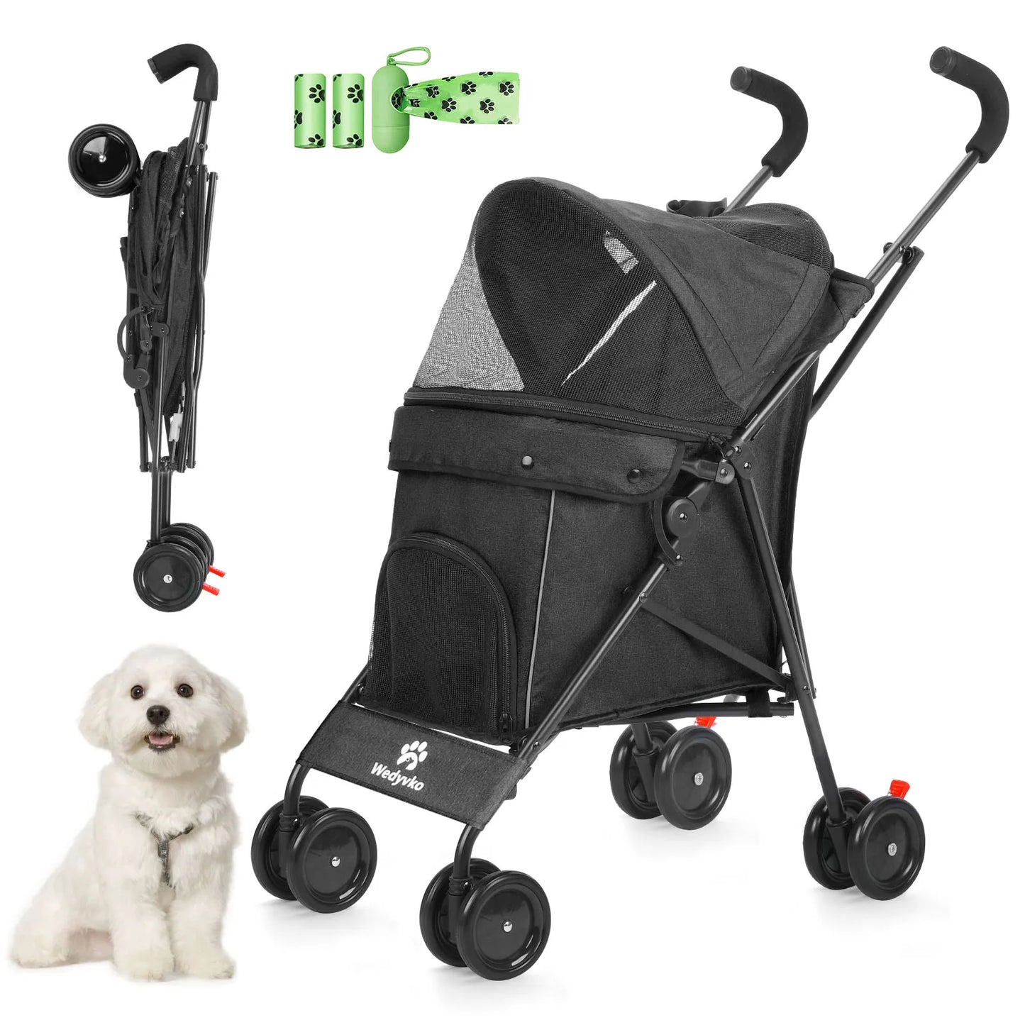 Pet Dog Stroller 4 Wheels Puppy Stroller Rotate with Brakes Storage for Dogs Cats Travel Pet Supplies Outdoor