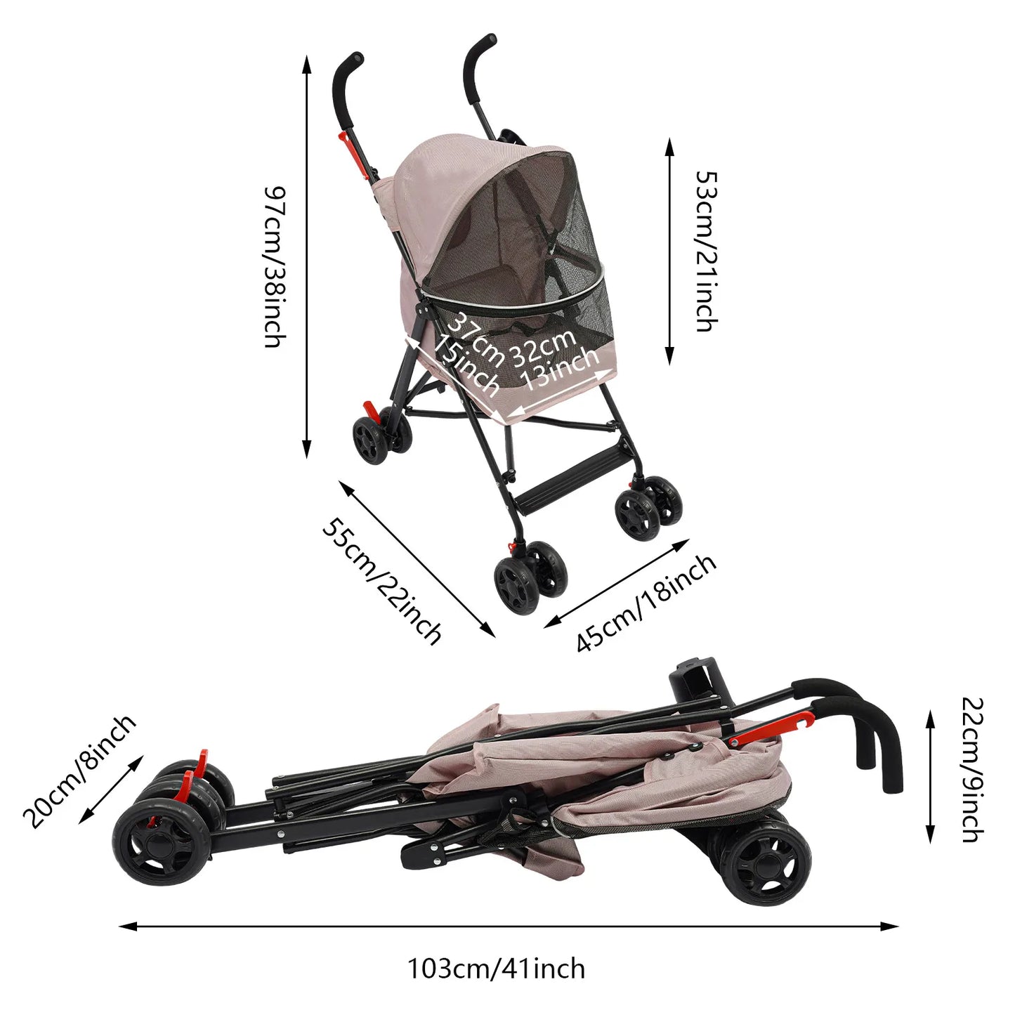 Pet Stroller for Small Dogs or Cats.  Lightweight, Foldable Puppy Stroller with 360° Wheels, Safety Leash, 22lbs Capacity