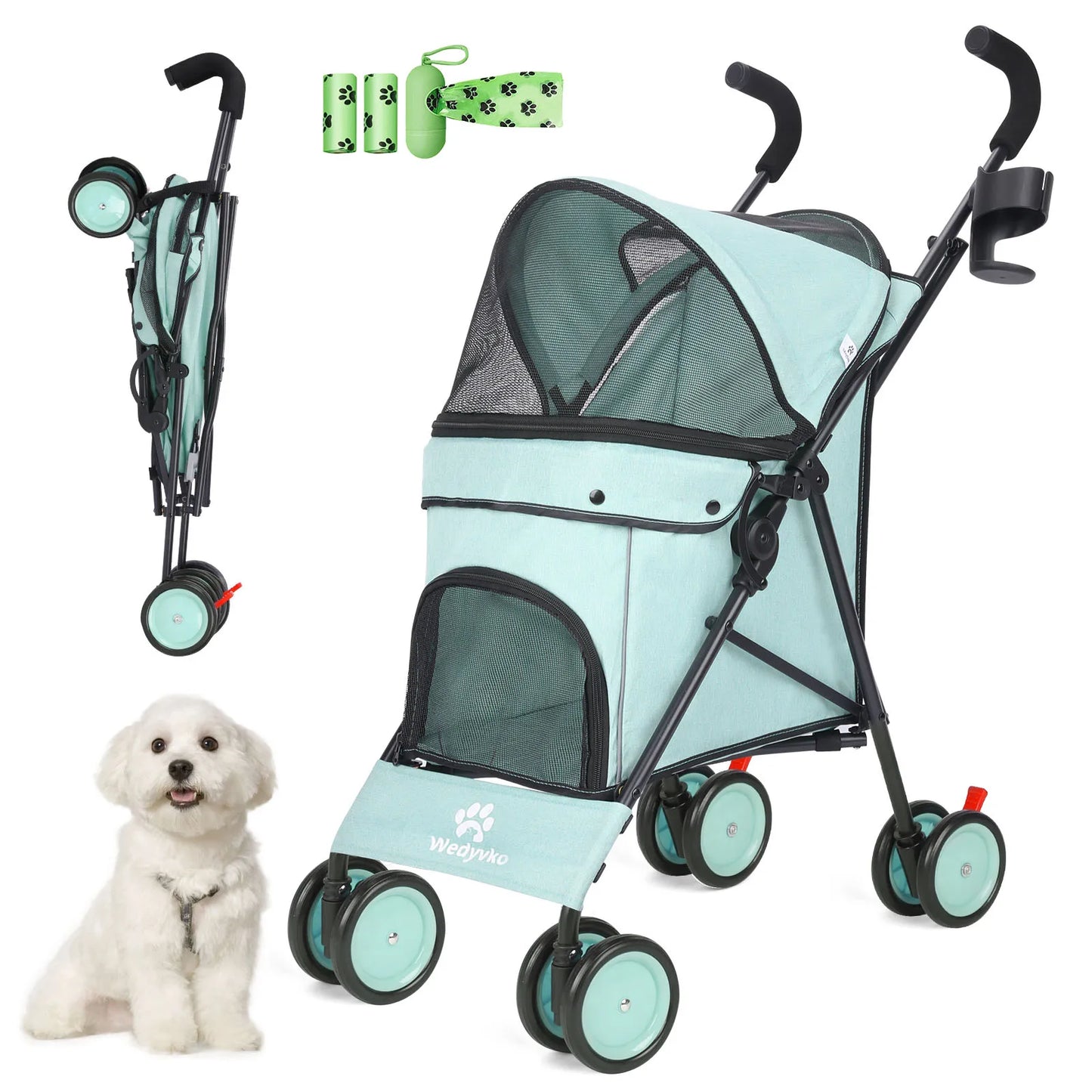 Pet Dog Stroller 4 Wheels Puppy Stroller Rotate with Brakes Storage for Dogs Cats Travel Pet Supplies Outdoor