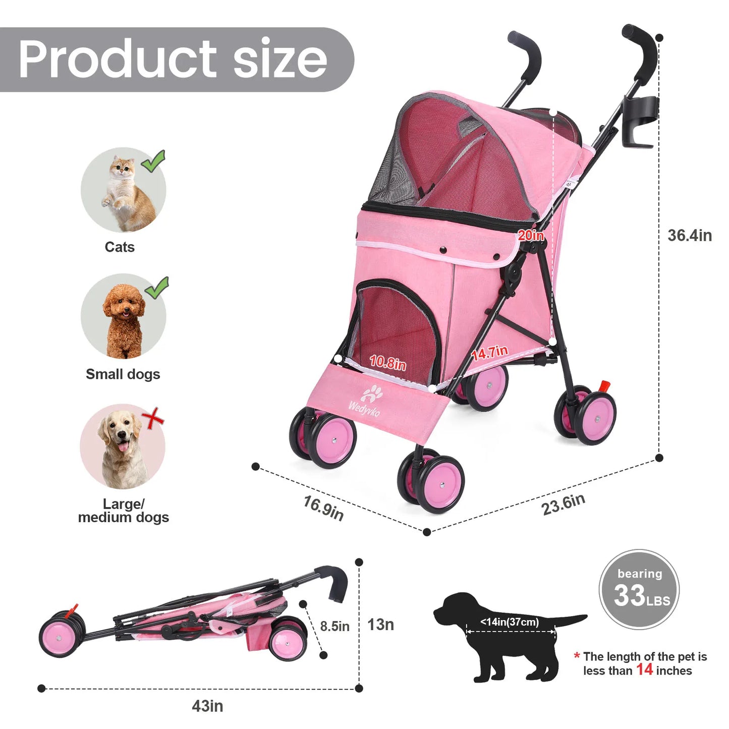 Pet Dog Stroller 4 Wheels Puppy Stroller Rotate with Brakes Storage for Dogs Cats Travel Pet Supplies Outdoor