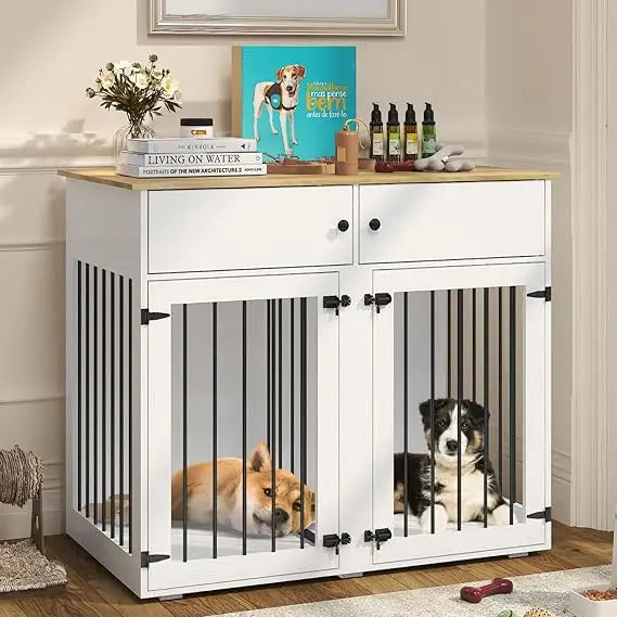 Dog Crate Furniture, 41 Inch Dog Kennel Indoor with Removable Divider & Double Doors, Wooden Dog Crates for 2 Dogs,