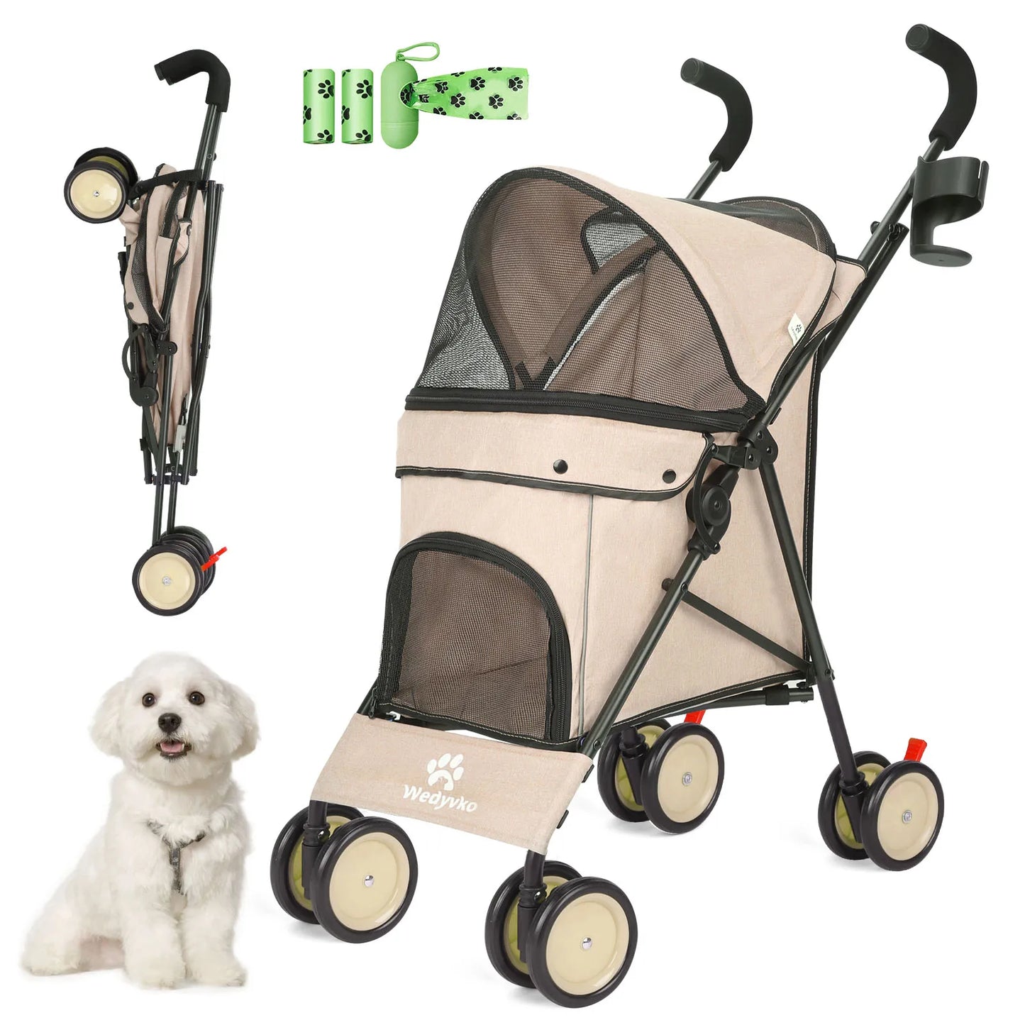 Pet Dog Stroller 4 Wheels Puppy Stroller Rotate with Brakes Storage for Dogs Cats Travel Pet Supplies Outdoor