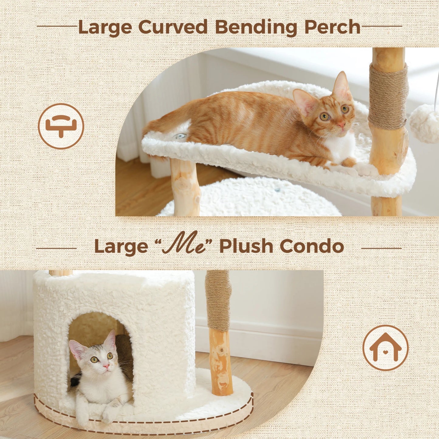 Solid Wood Cat Tree Modern Cat Tower with Spacious Cat Condo,Flower Perches,Fun Pompom,Double Comfort Perfect for Indoor Kittes