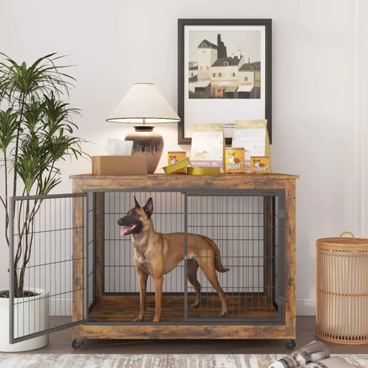Dog Crate Furniture, Wooden Dog Crate Table,Dog Kennel with 3 Doors, Flip-up Top Opening and Wheels, Decorative Pet Crate House