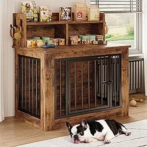 Dog Crate Furniture, 33.4 inches Wooden Small Dog Crate with Storage and 4 Hooks, Heavy Duty Pet Crate for Small Dog, Dec