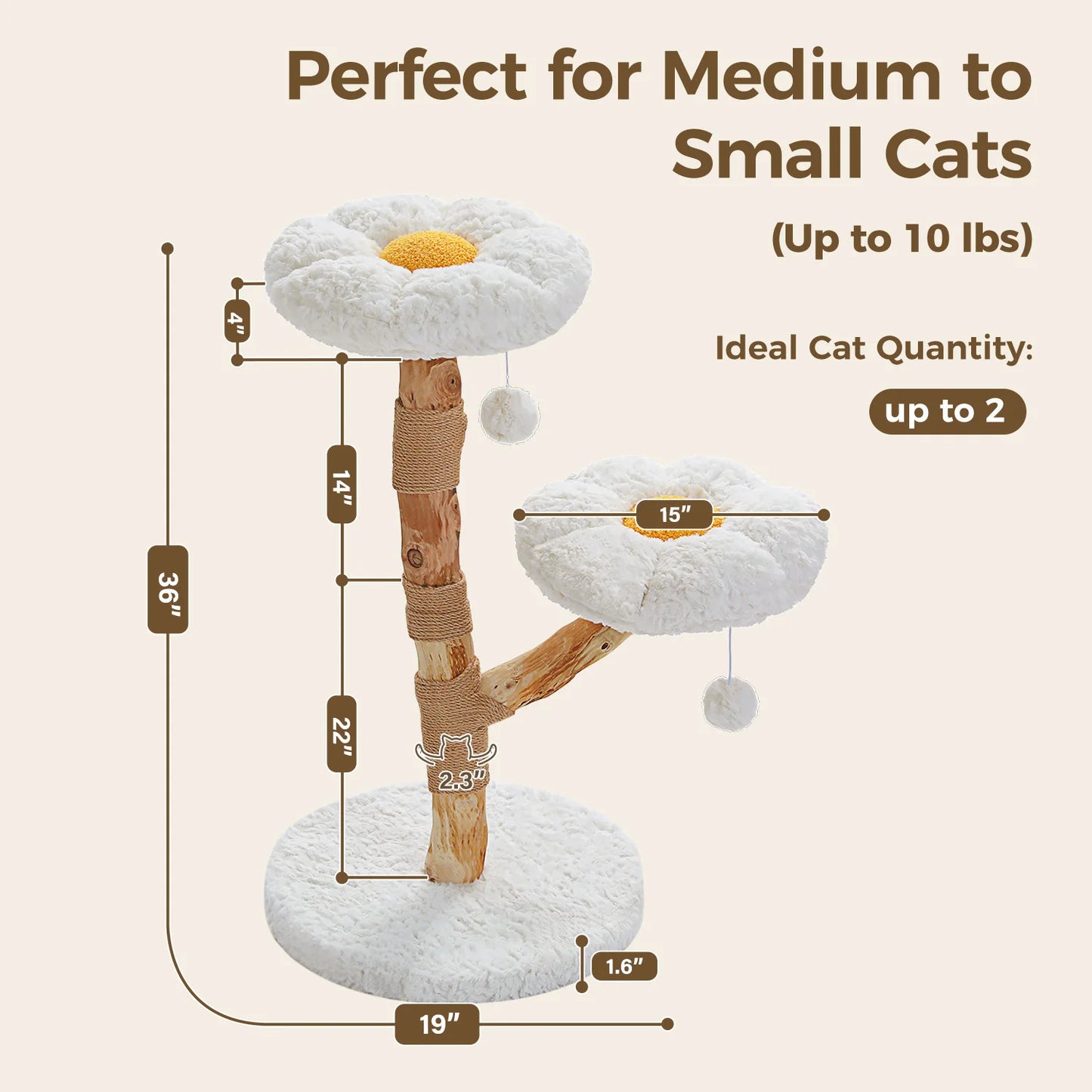 Solid Wood Cat Tree Modern Cat Tower with Spacious Cat Condo,Flower Perches,Fun Pompom,Double Comfort Perfect for Indoor Kittes