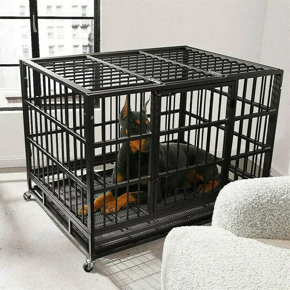Heavy Duty Dog Crate with 4 Lockable Wheels 3 Doors and Removable Tray Metal Pet Kennels Cage Playpen