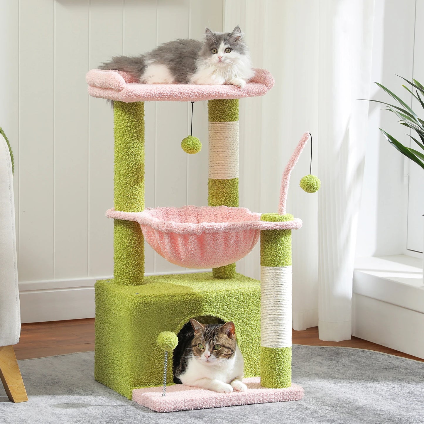Small Cat Tower with Large Condo, Scratching Post, Deep Hammock, Cozy Top Perch, or 4-in-1 Cactus Cat Tree for Indoor Cat, Cat Toys