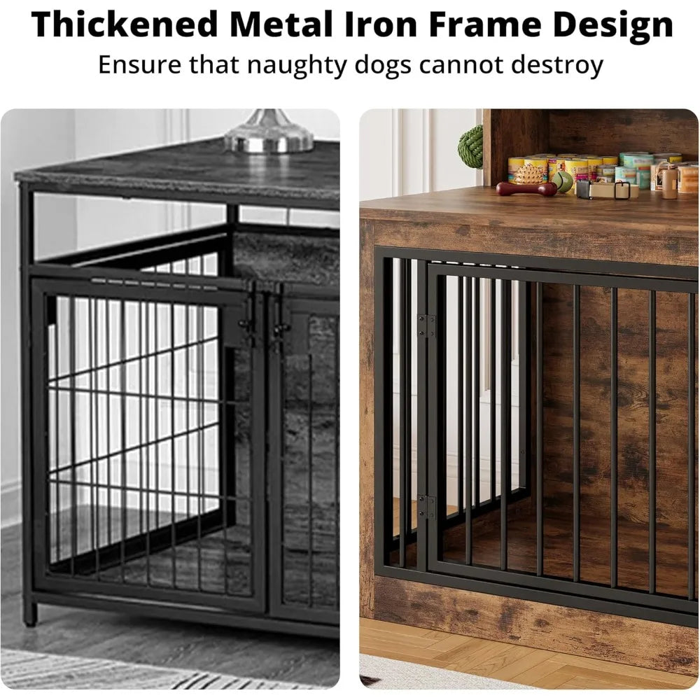 Dog Crate Furniture, 33.4 inches Wooden Small Dog Crate with Storage and 4 Hooks, Heavy Duty Pet Crate for Small Dog, Dec