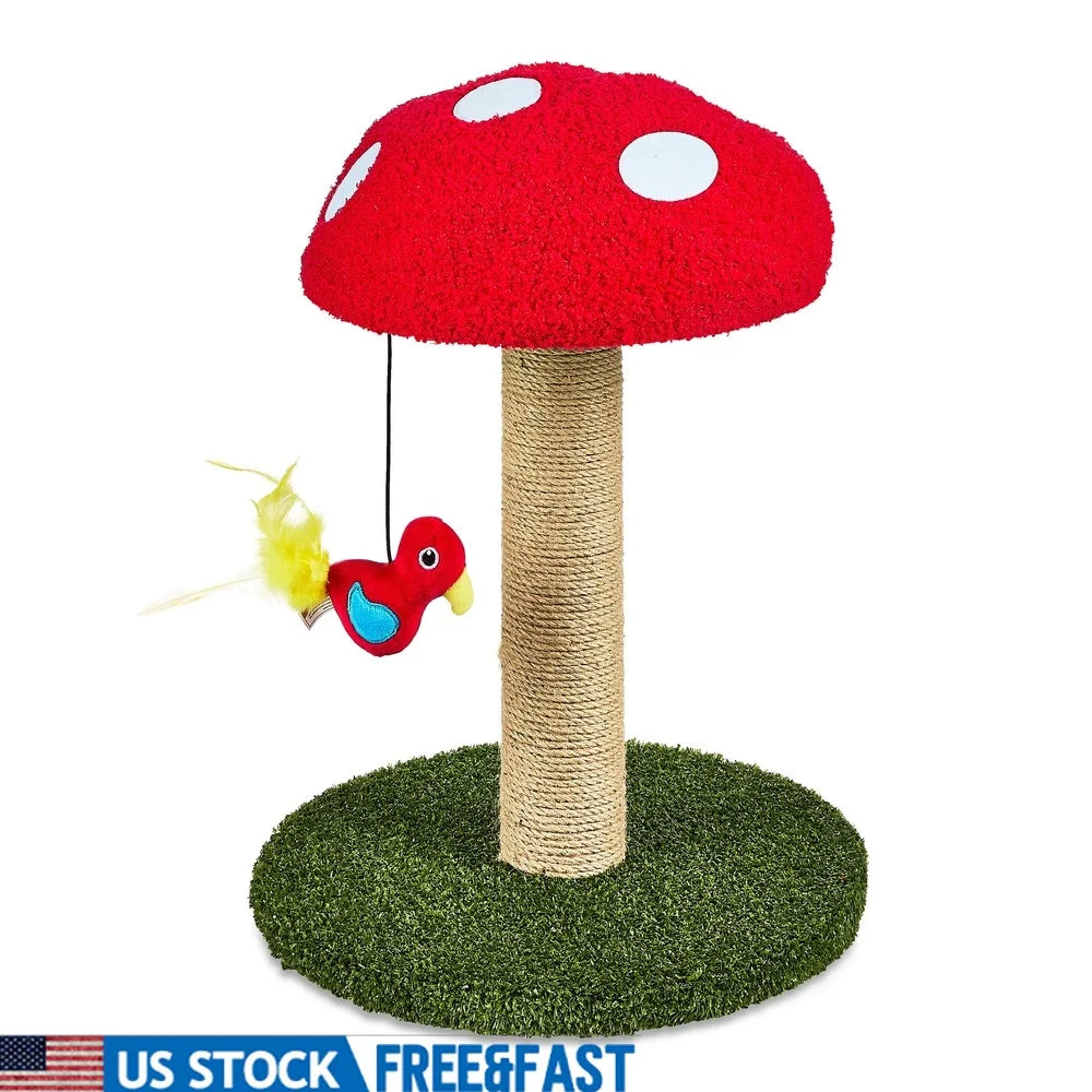 Deluxe Jute Mushroom Cat Scratching Post with Interactive Bird Toy Engaging Design Promotes Healthy Scratching and Playtime