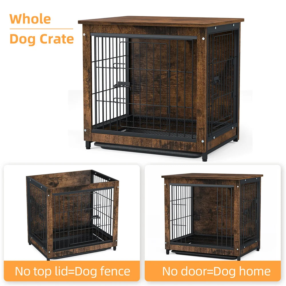 Large Elevated Dog Crate Wooden Dog Kennel Cage Pet House End Table with Double Door and Removable Tray Rustic Furniture Indoor