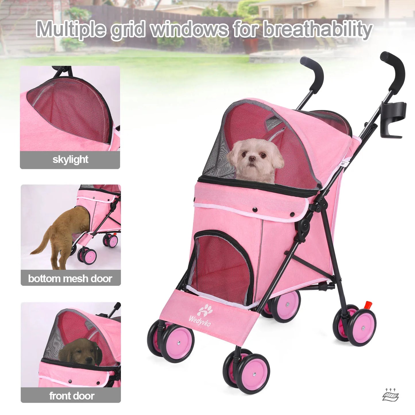 Pet Dog Stroller 4 Wheels Puppy Stroller Rotate with Brakes Storage for Dogs Cats Travel Pet Supplies Outdoor