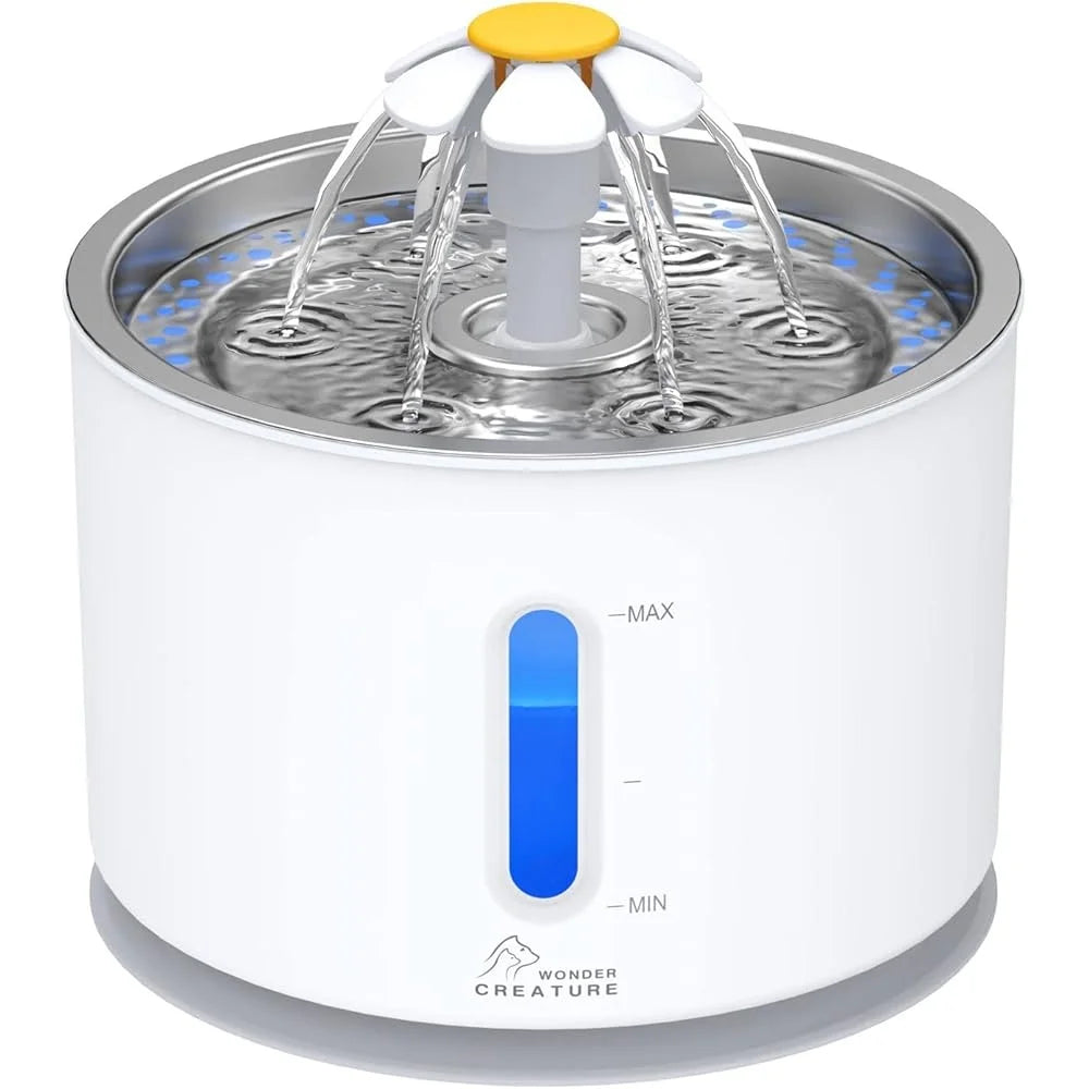 Cat Water Fountain Stainless Steel Lid 2.4L Automatic Pet Drinking Fountain with LED Light Water Level Window Quiet Pump Fresh