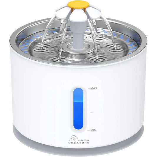 Cat Water Fountain Stainless Steel Lid 2.4L Automatic Pet Drinking Fountain with LED Light Water Level Window Quiet Pump Fresh