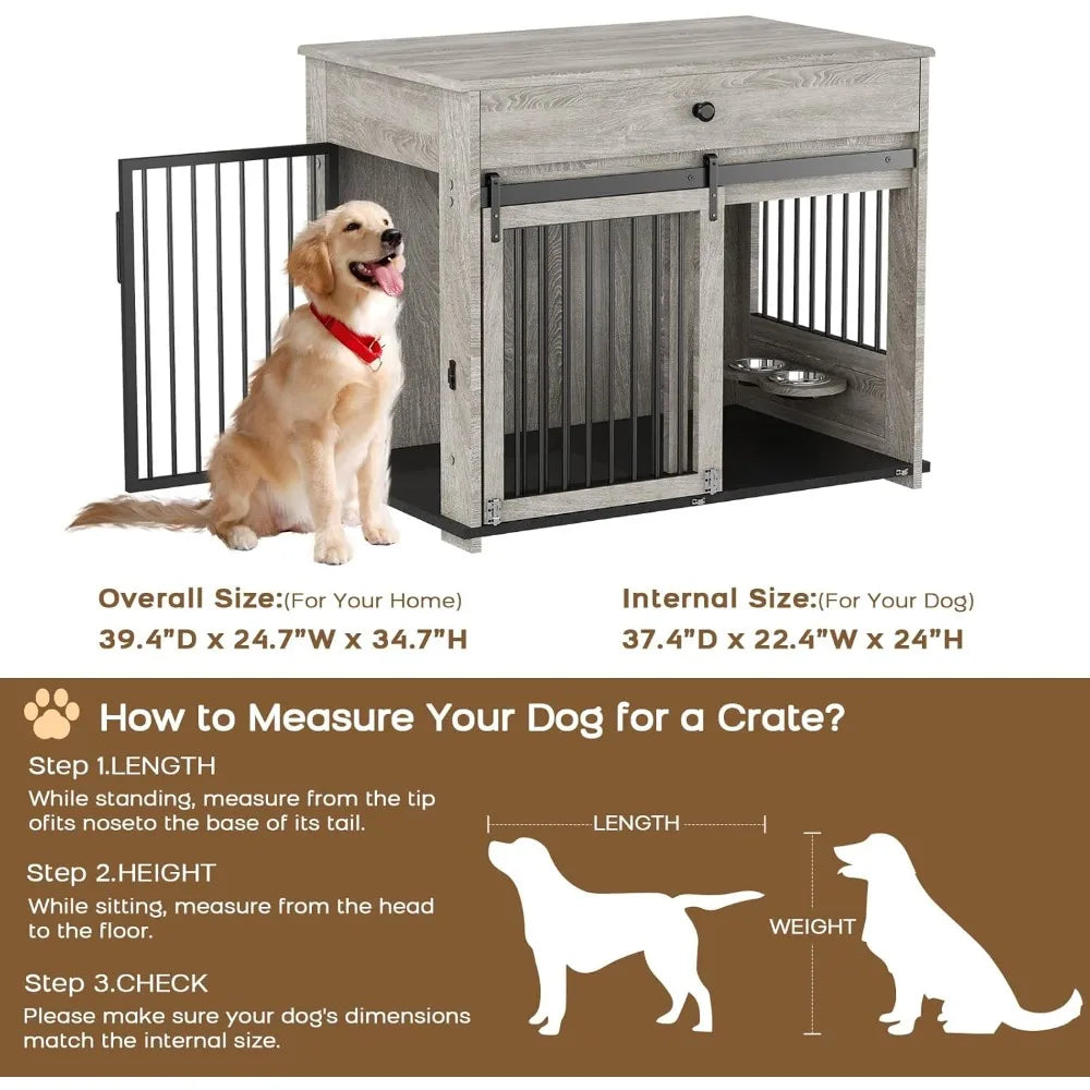 Wooden Storage Drawer Dog Crate with Sliding Door for Medium to Large Dogs, Indoor Pet House with Side Table
