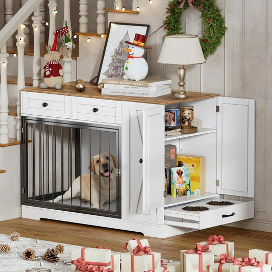 Dog Crate Furniture, Dog Crate for Small to Large Dogs with Storage Cabinet and Feeder, Dog Kennel Furniture with Double Doors