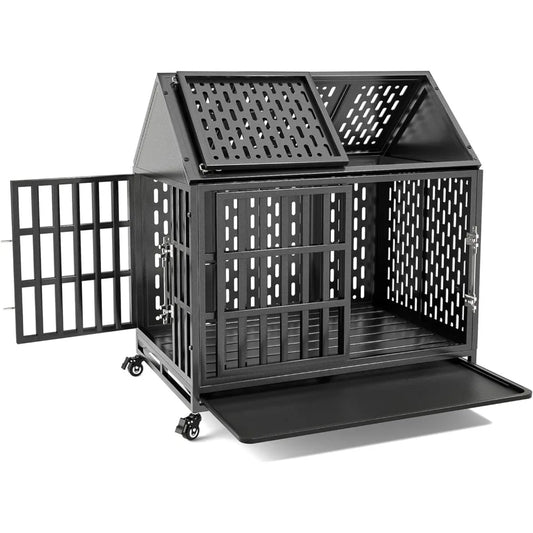 38-42 Inch Heavy Duty Dog Crate with Self-Locking Latch for High Anxiety Dogs, Indestructible Large Kennel Indoor with Pointed