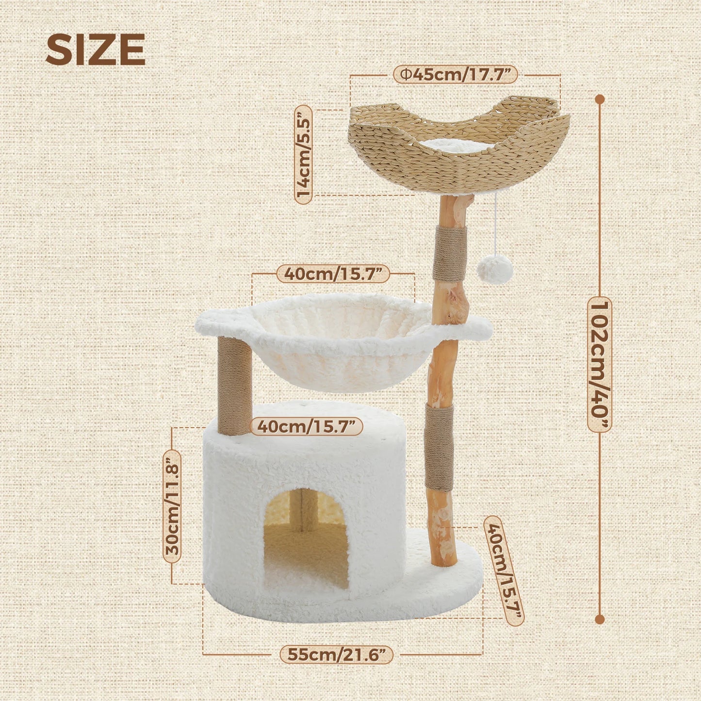 Solid Wood Cat Tree Modern Cat Tower with Spacious Cat Condo,Flower Perches,Fun Pompom,Double Comfort Perfect for Indoor Kittes