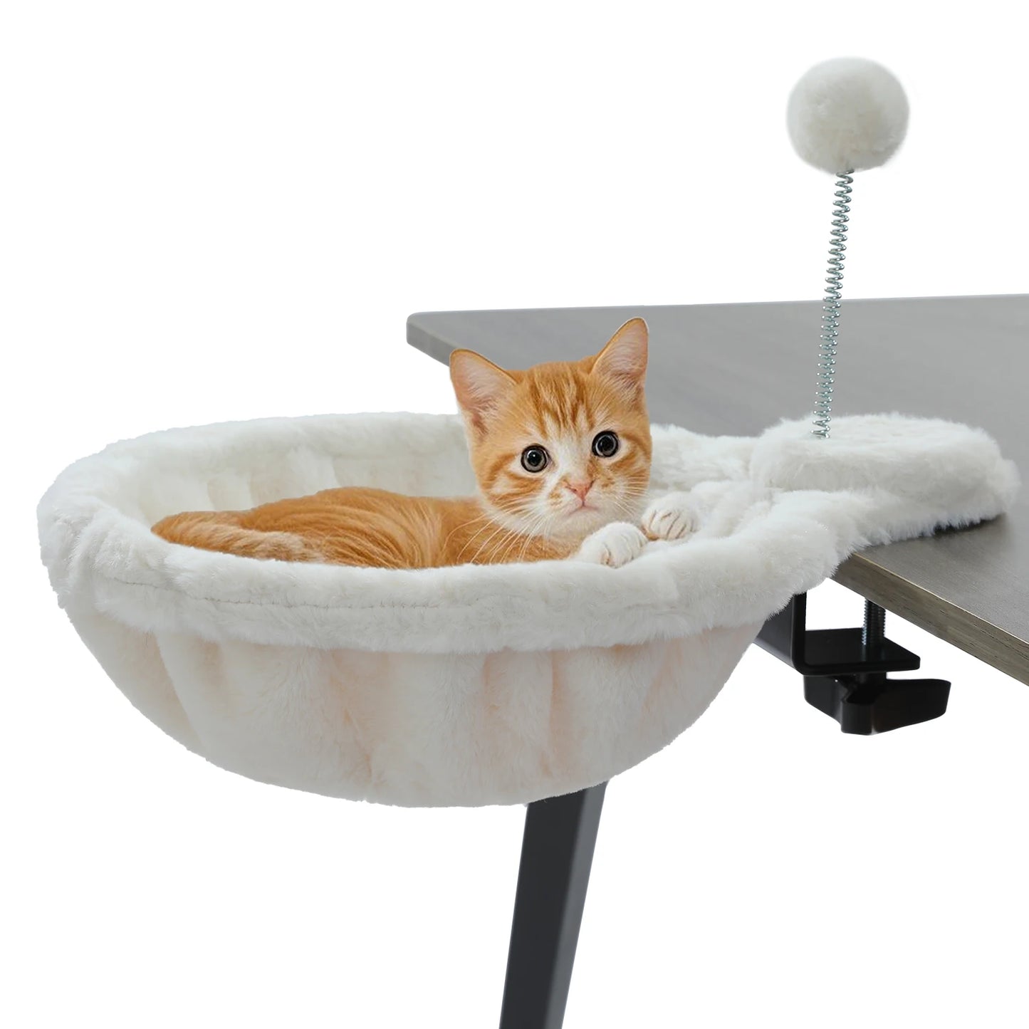 Cozy Removable & Portable Cat Bed, Safe Cat Hammock & Basket with Interactive Plush Ball Toy, Beige,Perfect for Indoor Cats&Desk Use