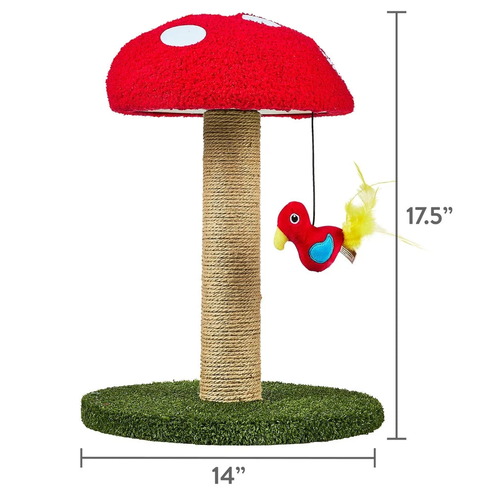 Deluxe Jute Mushroom Cat Scratching Post with Interactive Bird Toy Engaging Design Promotes Healthy Scratching and Playtime
