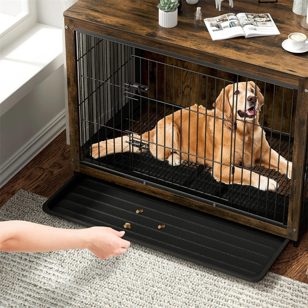 Large Elevated Dog Crate Wooden Dog Kennel Cage Pet House End Table with Double Door and Removable Tray Rustic Furniture Indoor