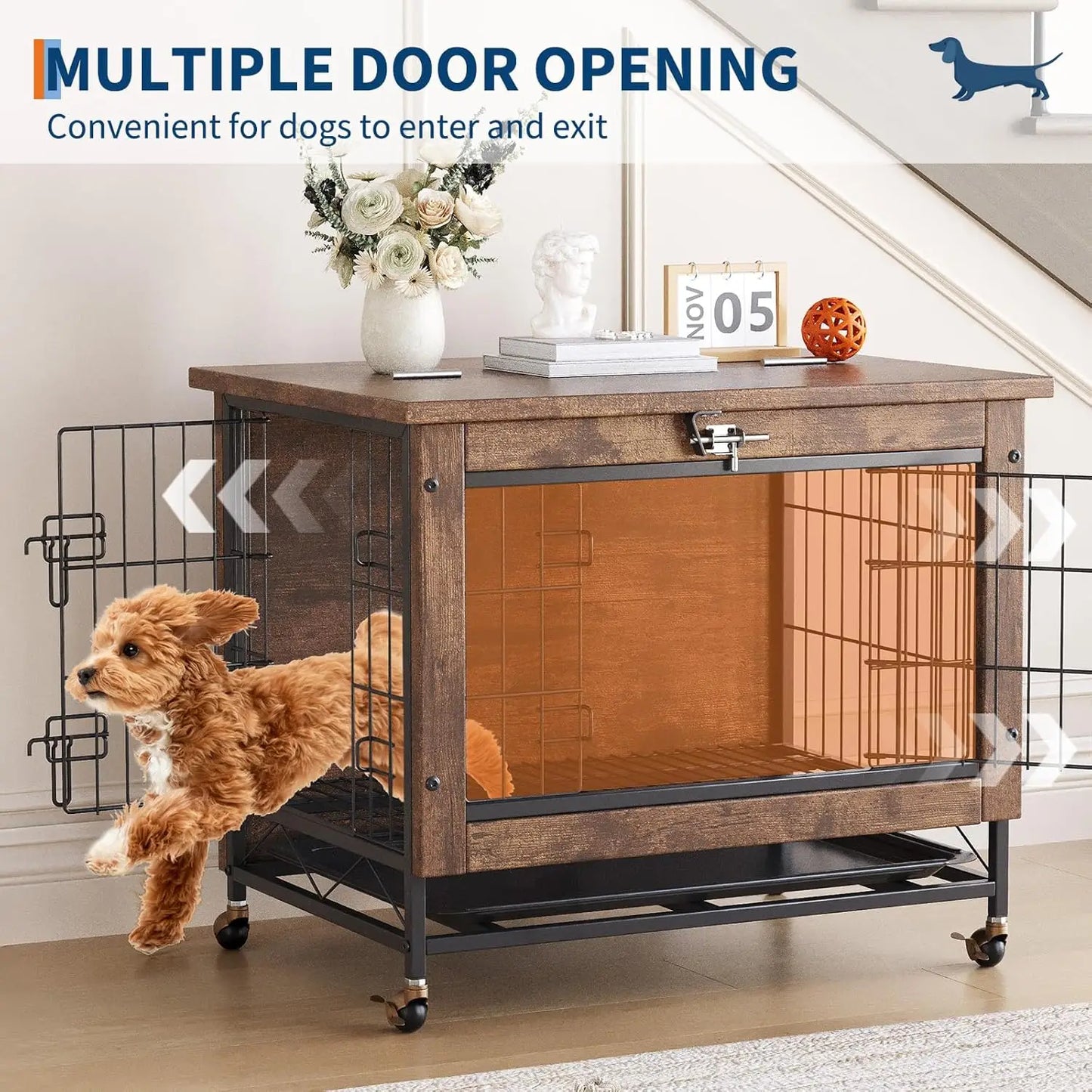 Dog Crate Furniture with Wheels, Side End Table, Dog Cage with 2 Doors & Tray, Lockable Pet Crate for Small/Medium Dogs