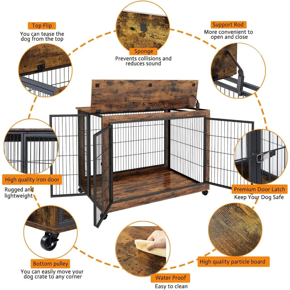 Dog Crate Furniture, Wooden Dog Crate Table,Dog Kennel with 3 Doors, Flip-up Top Opening and Wheels, Decorative Pet Crate House