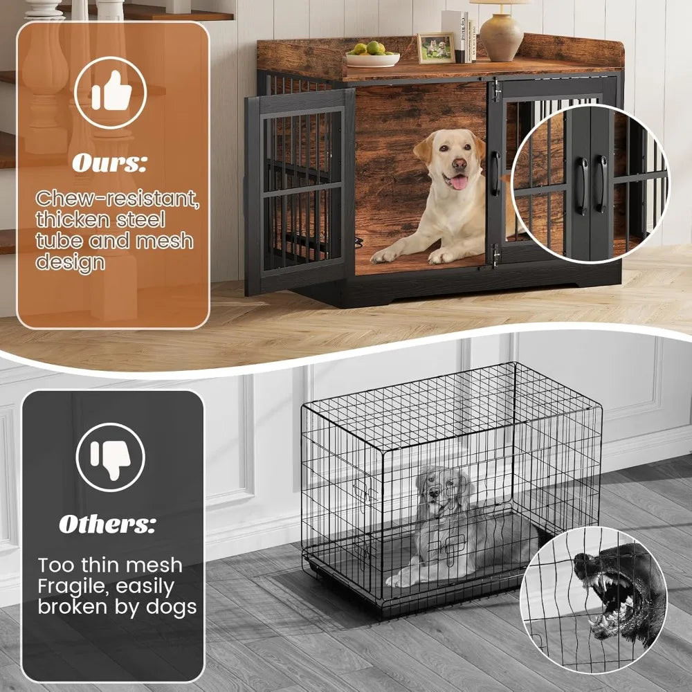 40" Rustic Dog Crate Furniture, Heavy Duty Dog Cage for Medium Large Dogs, Dogs Crate Doges Kennel Indoor with Removable