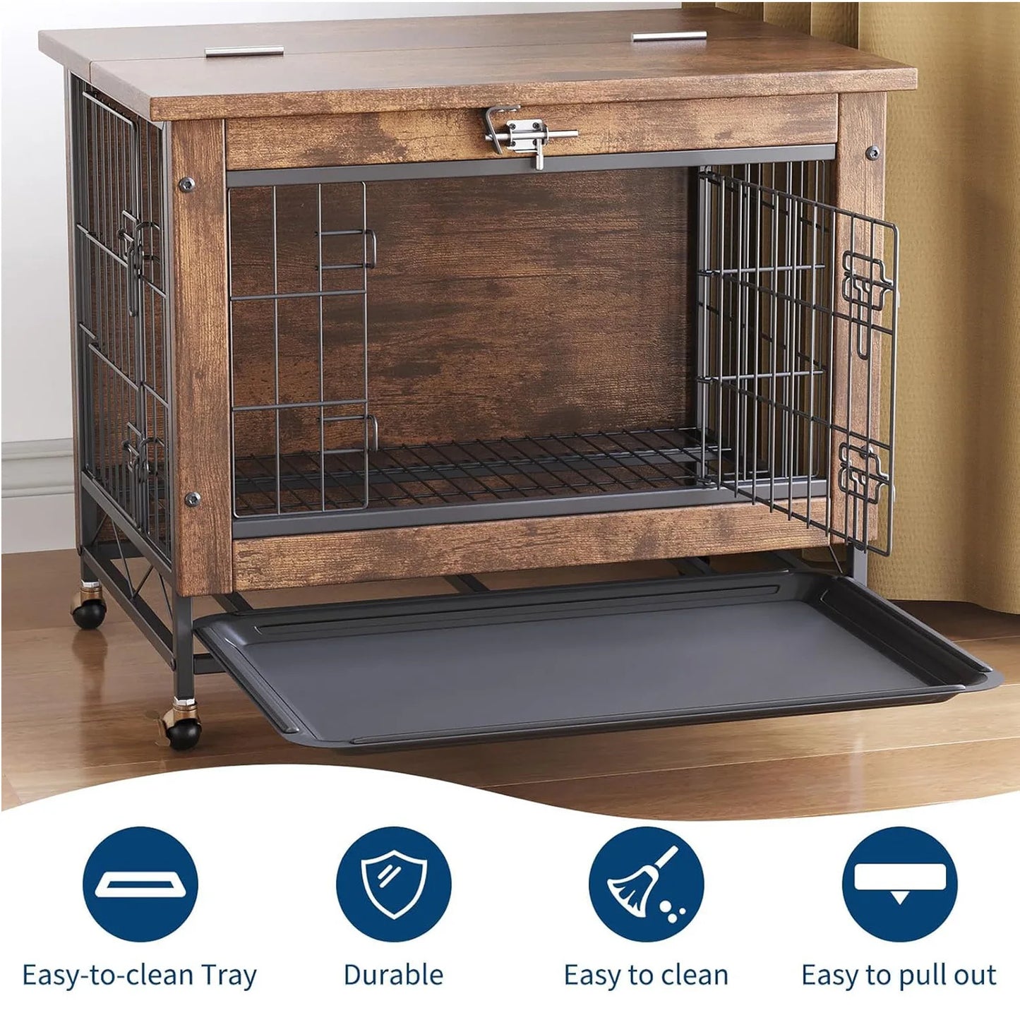 Dog Crate Furniture with Wheels, Side End Table, Dog Cage with 2 Doors & Tray, Lockable Pet Crate for Small/Medium Dogs