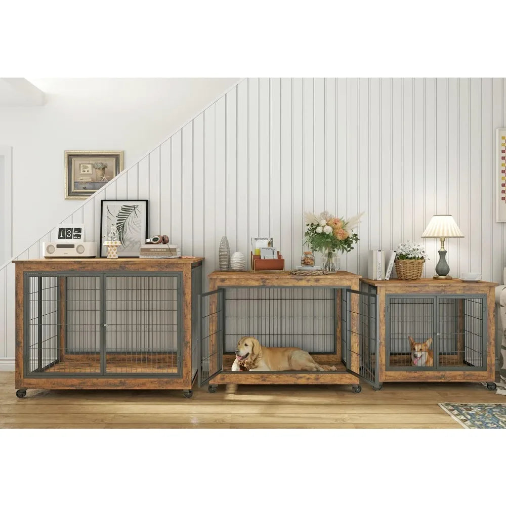 Dog Crate Furniture, Wooden Dog Crate Table,Dog Kennel with 3 Doors, Flip-up Top Opening and Wheels, Decorative Pet Crate House