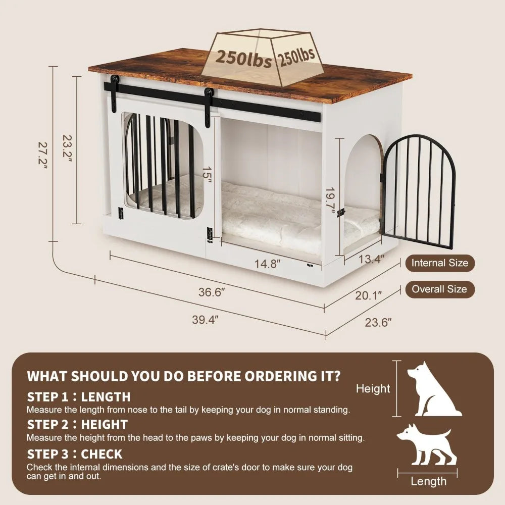 Farmhouse Style 39.4 Inch White Wooden Dog Crate with Cushion, Decorative Indoor Pet House
