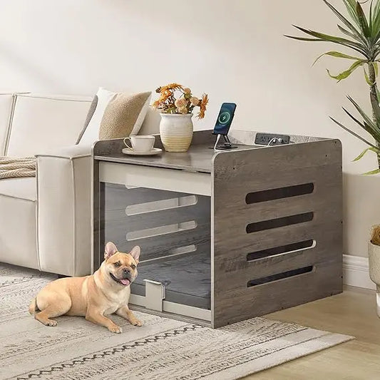Feandrea Modern Dog Crate Furniture with Charging Station, Kennel Indoor with Flip-up Hidden Acrylic Door, for Small and Medium