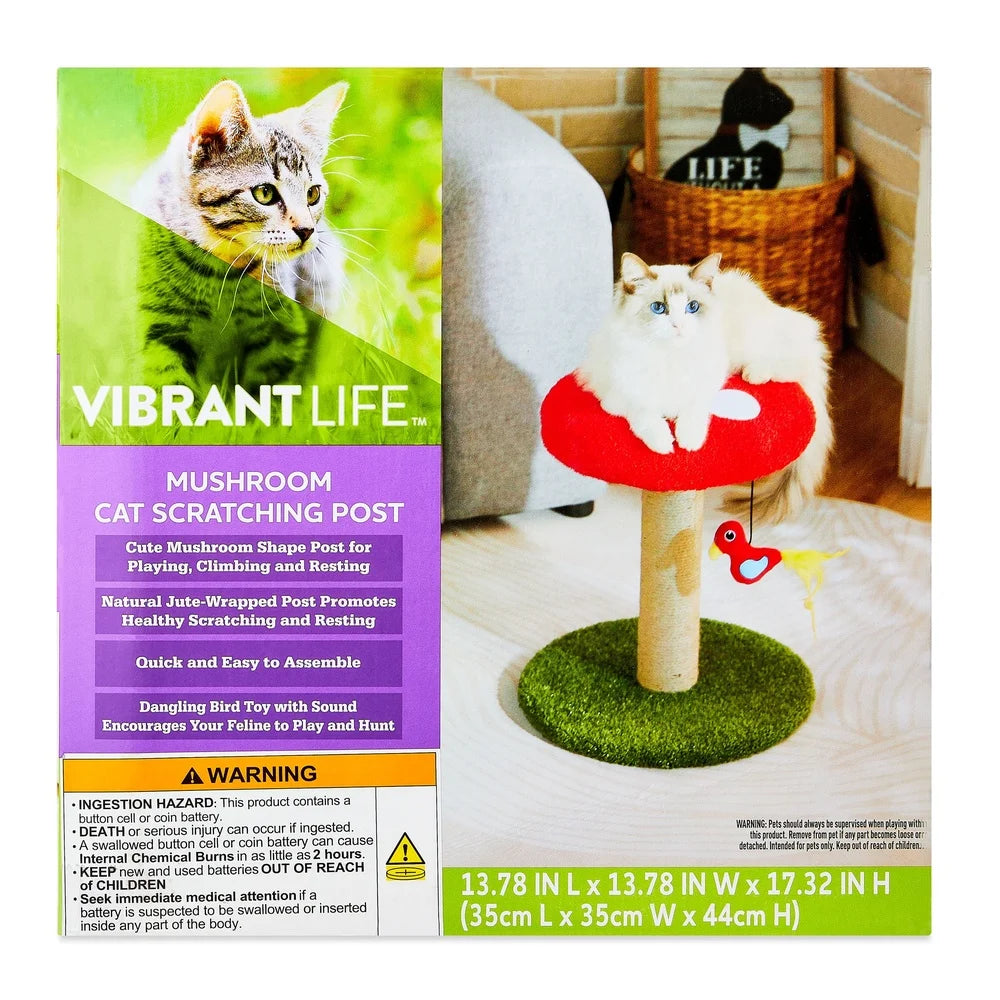 Deluxe Jute Mushroom Cat Scratching Post with Interactive Bird Toy Engaging Design Promotes Healthy Scratching and Playtime