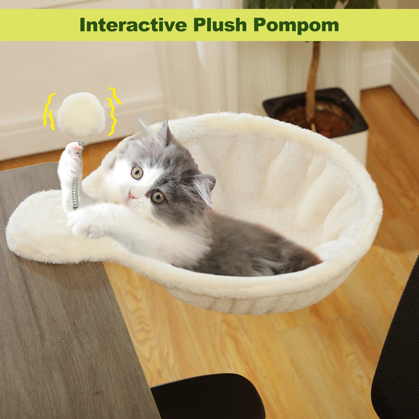 Cozy Removable & Portable Cat Bed, Safe Cat Hammock & Basket with Interactive Plush Ball Toy, Beige,Perfect for Indoor Cats&Desk Use