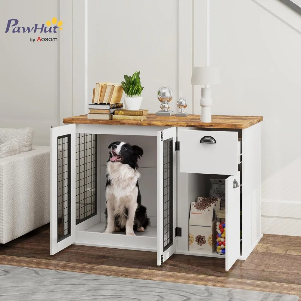 44-Inch Dog Crate with Double Door and Storage Drawer, Indoor Furniture Style Cage for Medium Dogs, White